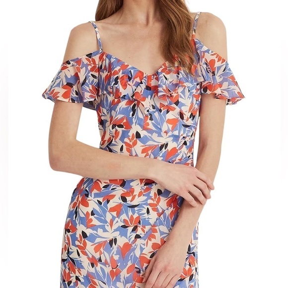 Lauren Ralph Lauren Maxi Off Shoulder Crinkled Georgette Floral Dress Size 10 - Picture 4 of 15